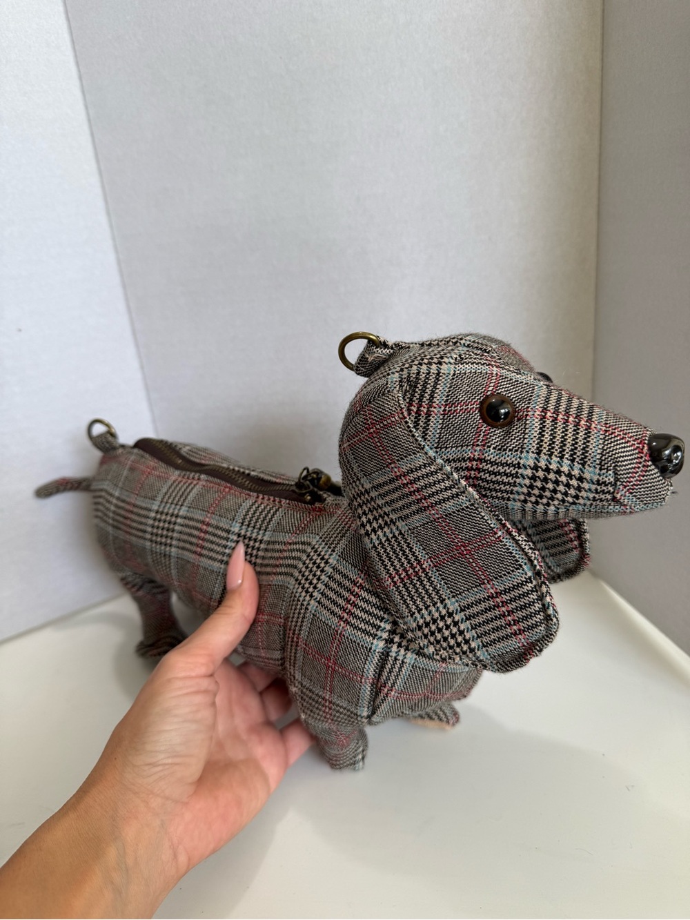 Plaid Dachshund Puppy Mini Bag - Fuzzy Nation Gray/Tan Plaid - Picture 4 of 10